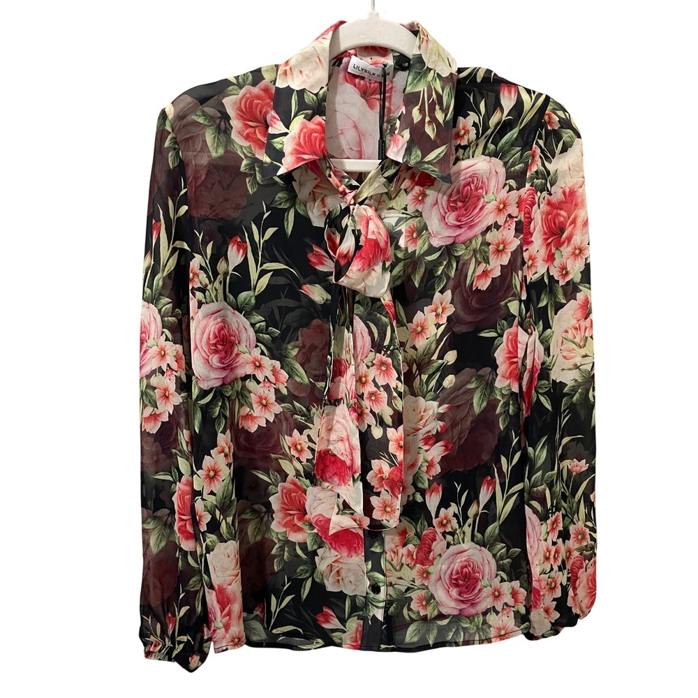 Lilysilk x MIM Sheer 100% Mulberry Silk Floral Blouse Black Pink Size M